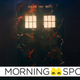 The TARDIS, covered in glowing red cracks, emits smoke in a dark hallway.